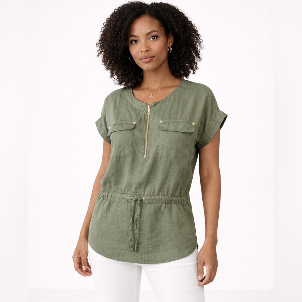 Ellen Tracy | Olive Linen Utility Zip Tunic Top Drawstring Waist Size XL